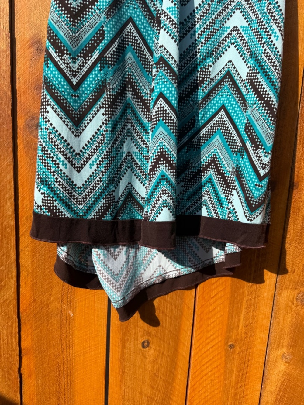 La Belle Turquoise Chevron Faux Wrap Asymmetrical Dress with Brown Trim - Large - Picture 8 of 13